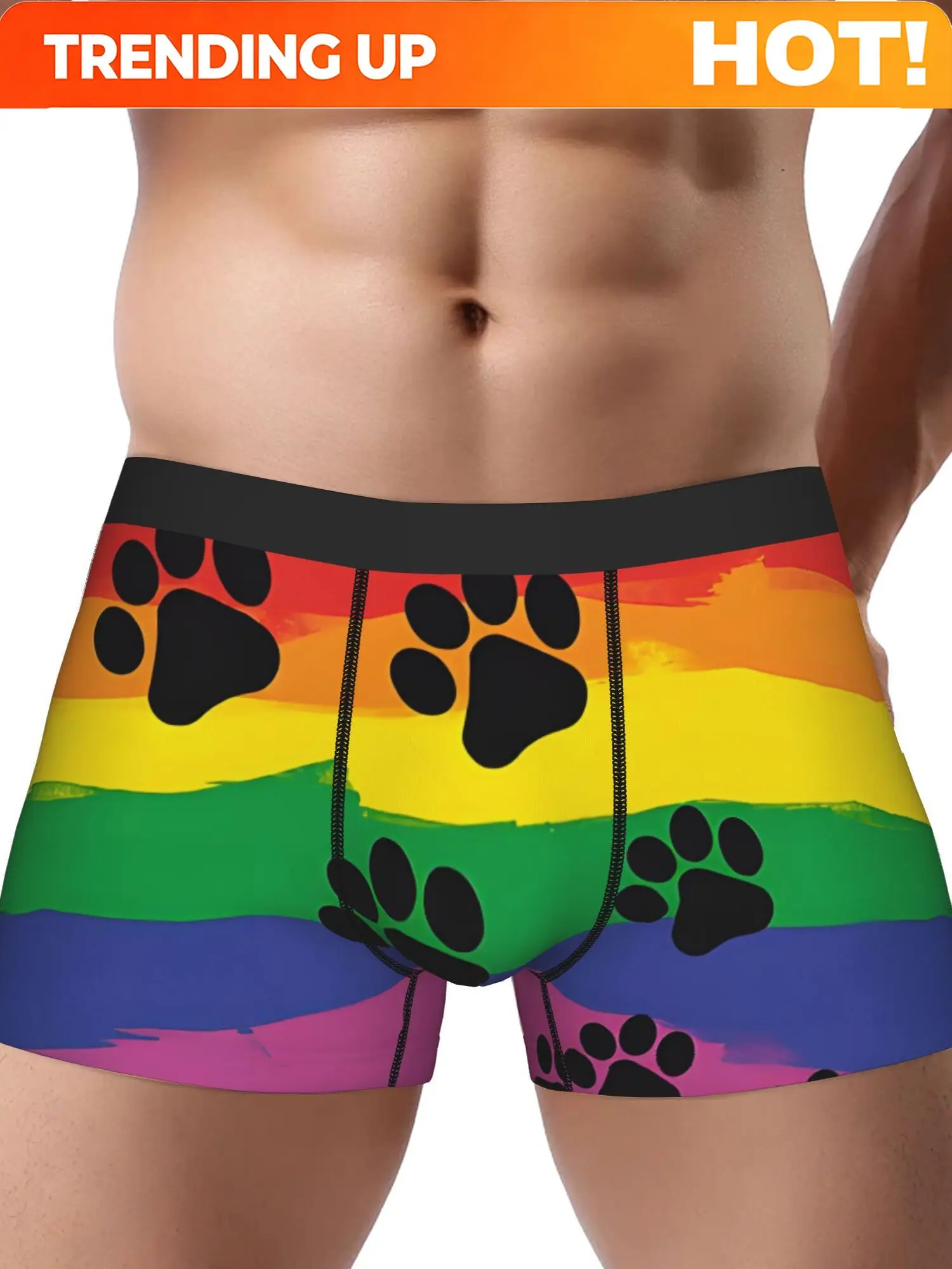 BIIHUDU Men's Rainbow Paw Print Underwear - Colorful Gradient Design, Mid-Stretch Comfort, Non-Transparent Fabric for Casual & A