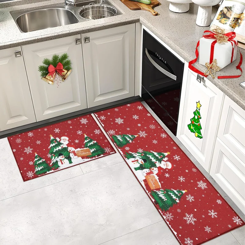 Christmas Kitchen Floor Mat 2-piece Set Non slip By Mat Front Door Decoration Entrance Carpet 20inX31in 18inX47in