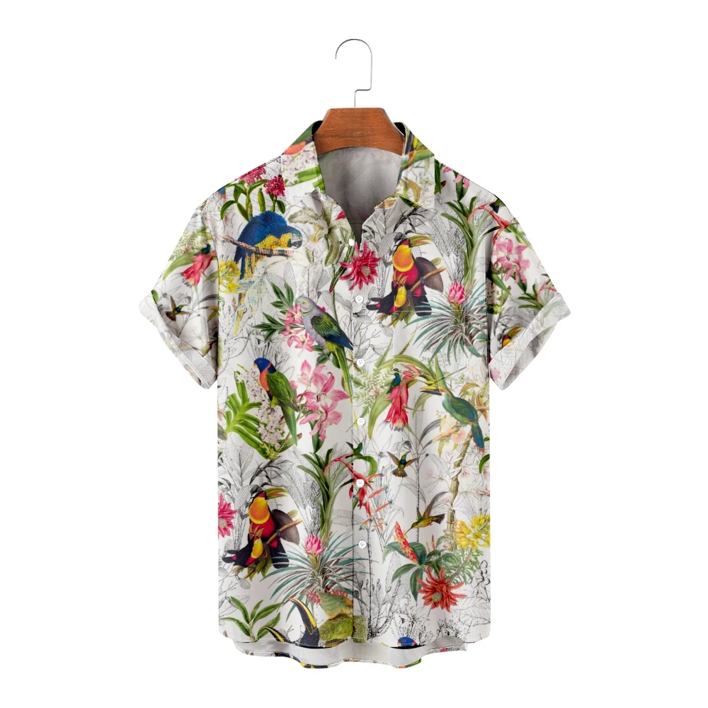 

Men's Casual Hawaiian Shirts Parrot Print Short Sleeve Purple Shirts Cool Summer Tops Vintage Breathable