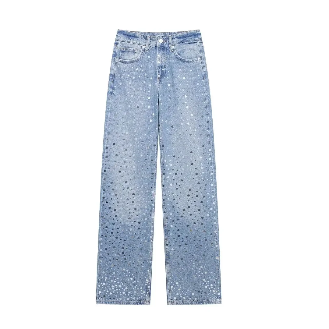 Jean taille haute à paillettes pour femmes, pantalon en denim, jambe large, fermeture éclair rétro, mode décontractée, Joker, nouveau, 2024