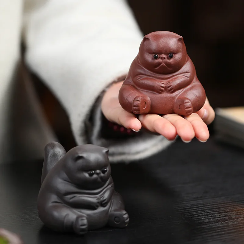 Purple Sand Tea Pet Cat Ornaments Handmade Angry Cat Sculpture Crafts Decoration Tea Table Kung Fu Tea Set