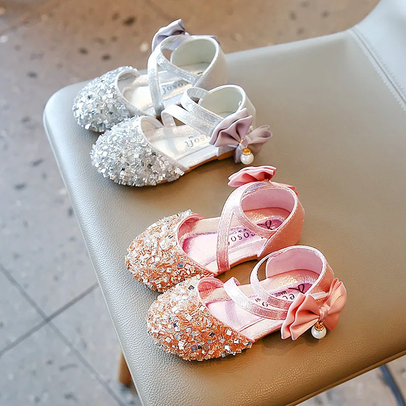 

1-12 Toddler Sandals Summer 2022 Kid Shoe Baby Princess Leather Shoes Child Sandals Girl Crystal Sequins Party Fashion Bow Shoe