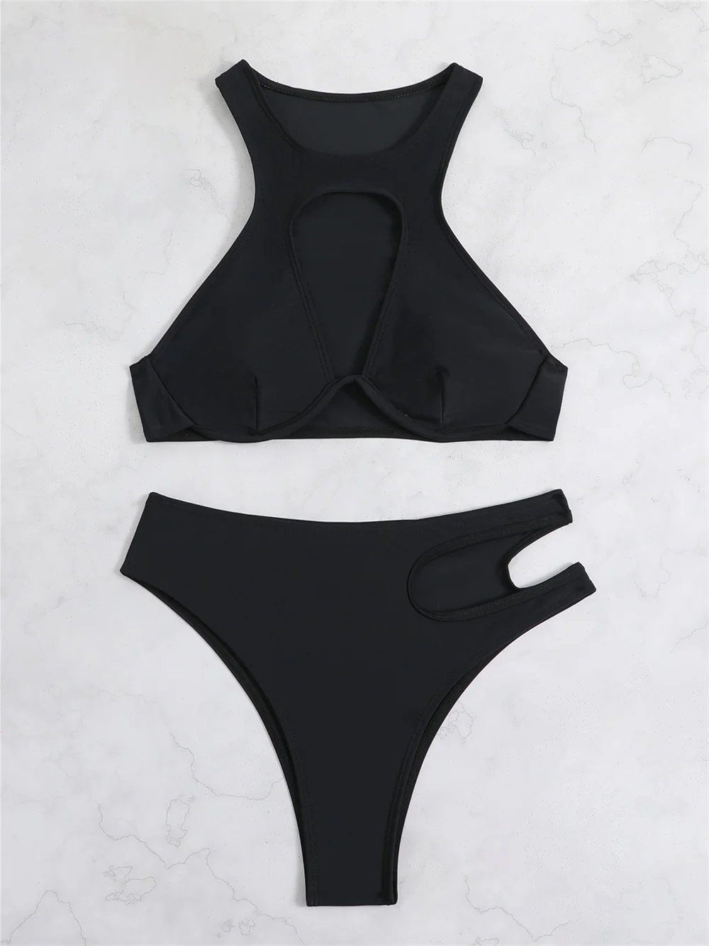 Cintura alta oco para fora biquíni preto maiô push up tankini underwire férias banho feminino praia roupa de banho sexy conjunto