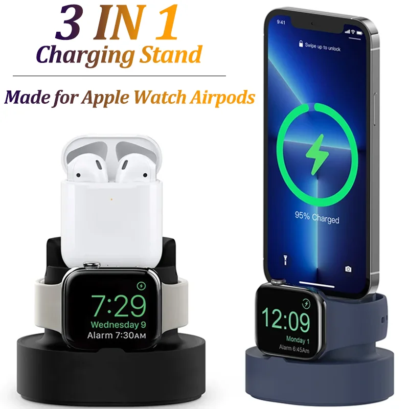 New 3 in 1 Silicone Charger Stand Dock for Apple Watch 9/8/7/6/5/4/3/2/1 Charger Stand for iPhone 14 13 Airpods Pro Ultra 2nd SE