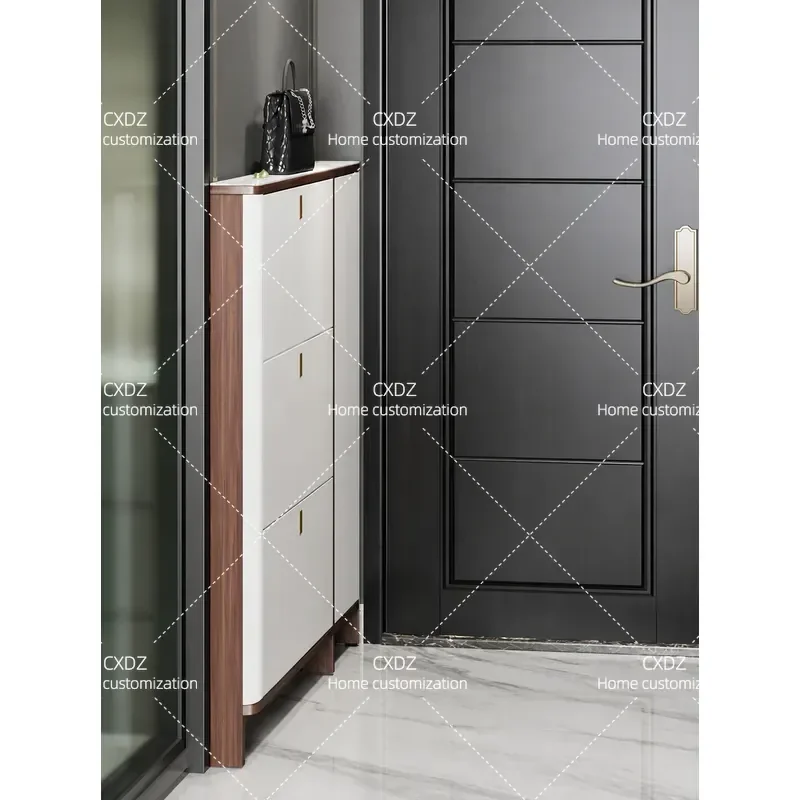 Ultra Thin Shoe Cabinet 12.9cm Narrow Solid Wood Tipping Bucket Entryway Storage for Small Apartment Modern Simple Design