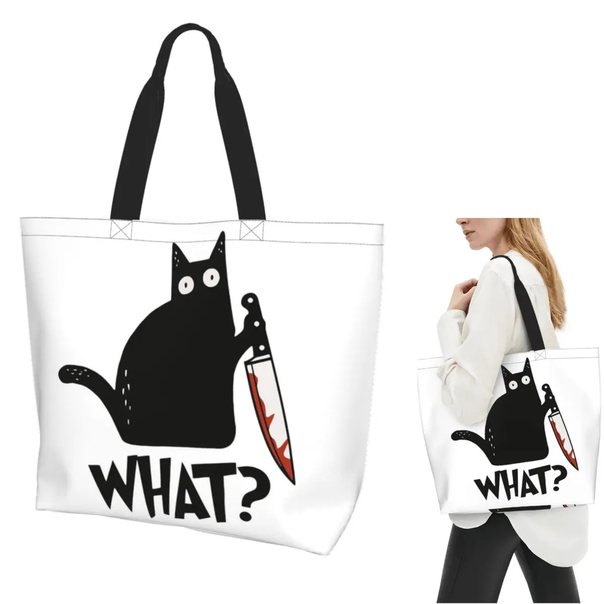 

Cat What Murderous Black Cat With Knife Shopping Tote Bag Canvas Large Capacity Shoulder Bags Shopper Grocery Handbag for Women