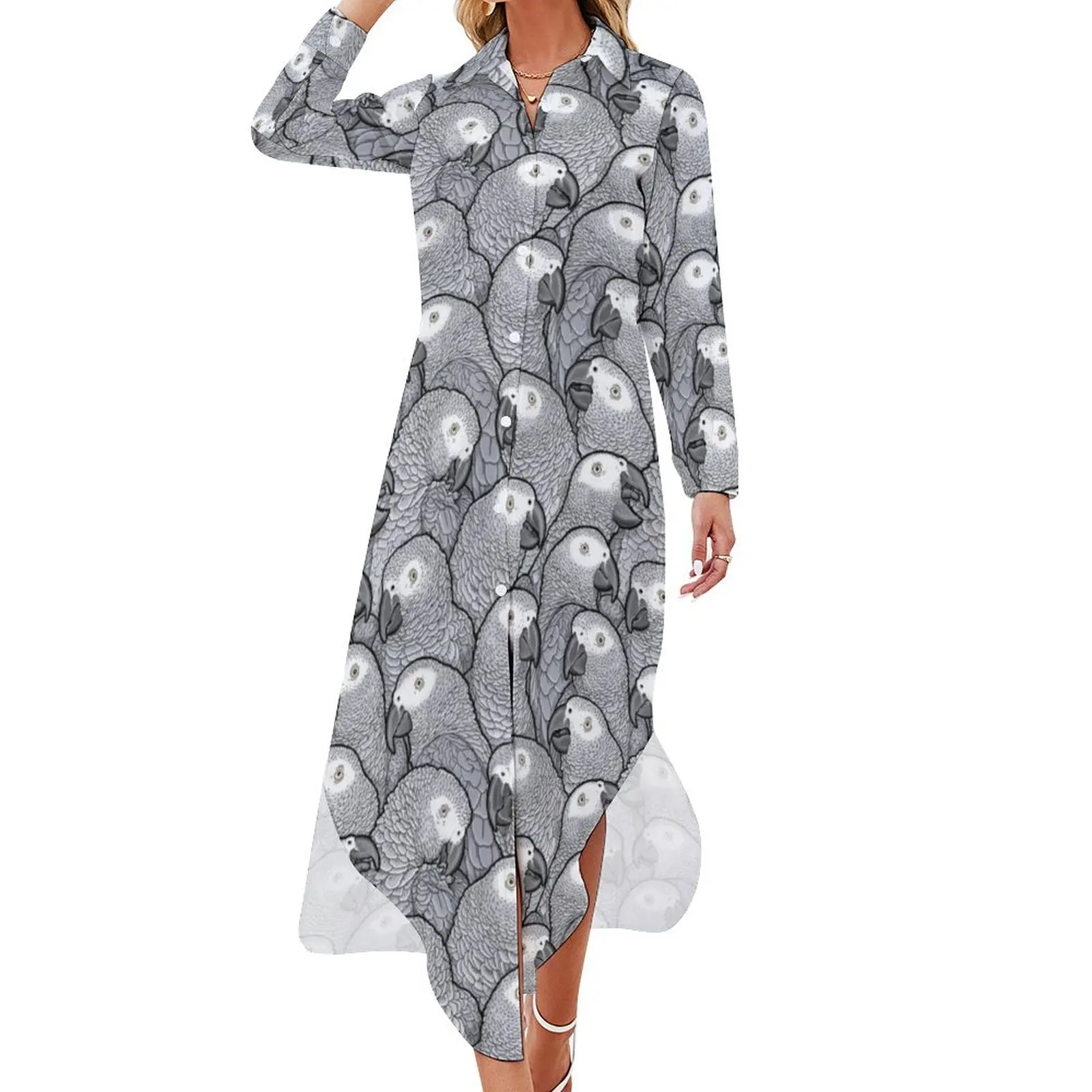 

African Grey Parrots Long Sleeved Shirt Dress elegant women's dresses sale sexy dress for women