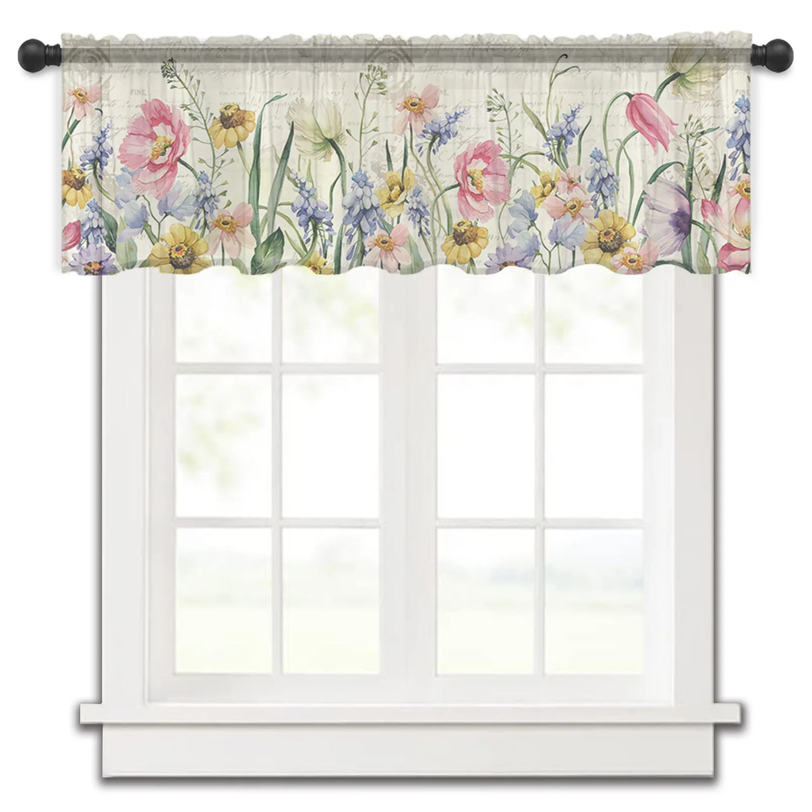 Spring Flowers Plants Wildflowers Sheer Curtains for Kitchen Cafe Half Short Tulle Curtain Window Valance Home Decor