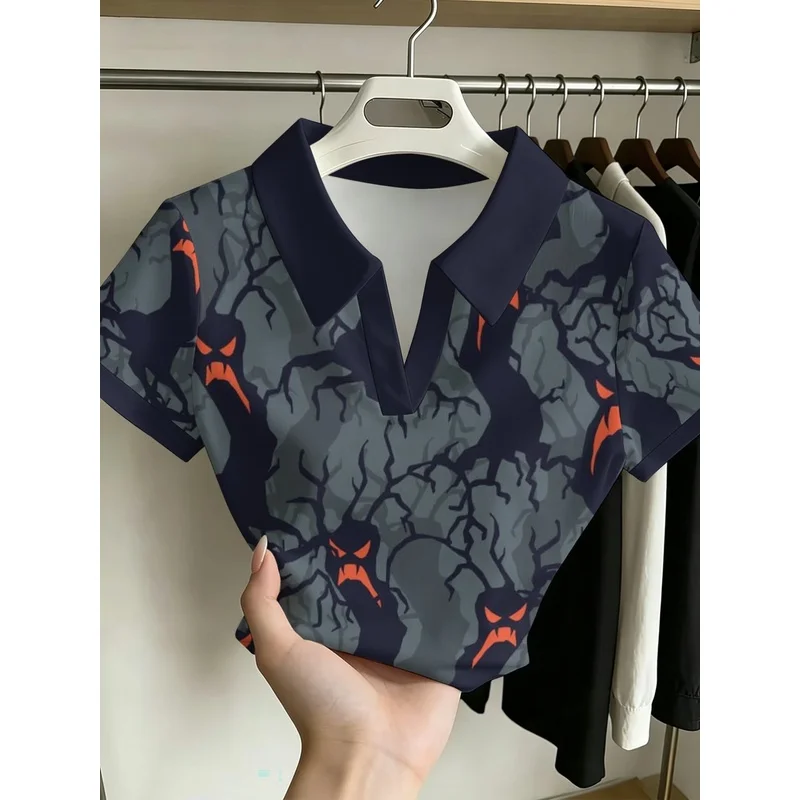 Halloween Horror Twisted Tree Full Print Women V Collar Polo Shirt, Short Sleeve Dark Gothic Blouse
