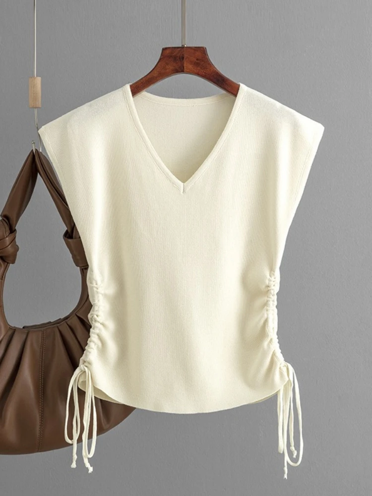 Women Solid Color Sleeveless Ice Slik Knit T-shirt Tops Chic Drawstring Slim Tees Summer Thin V-neck Knitwear Cropped Camisetas