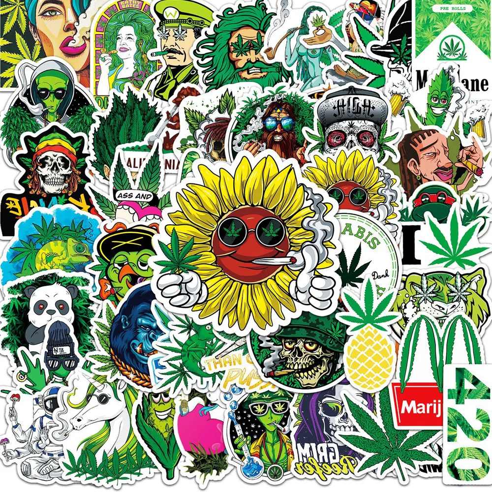 

10/30/50/100pcs Leaves Weed Smoking Graffiti Stickers Funny Characters Decals Motorcycle Laptop Phone Cool Cartoon Sticker Decor