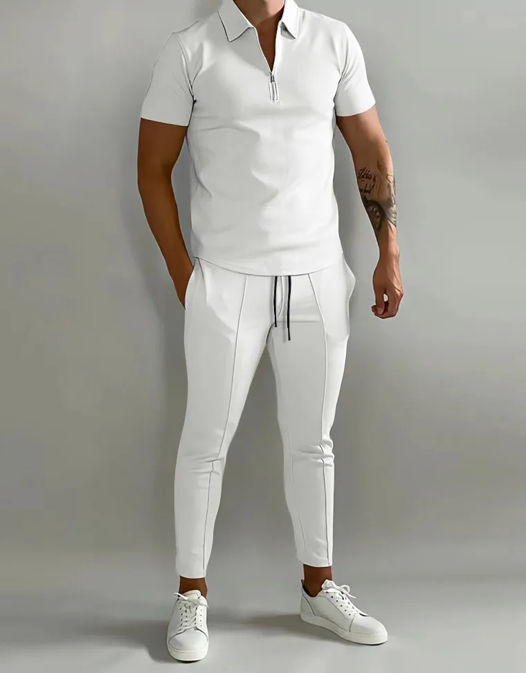 

New summer youth slim-fit trendy casual sports outfit - includes a zipper shirt and drawstring cuffed pants set.
