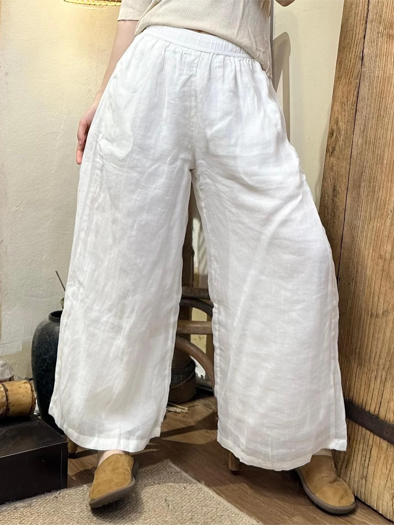 Authentic Large Size Casual Pants Elastic Waist Double Layer Wide Leg Women's Clothing Straight Tube Pants Summer Season