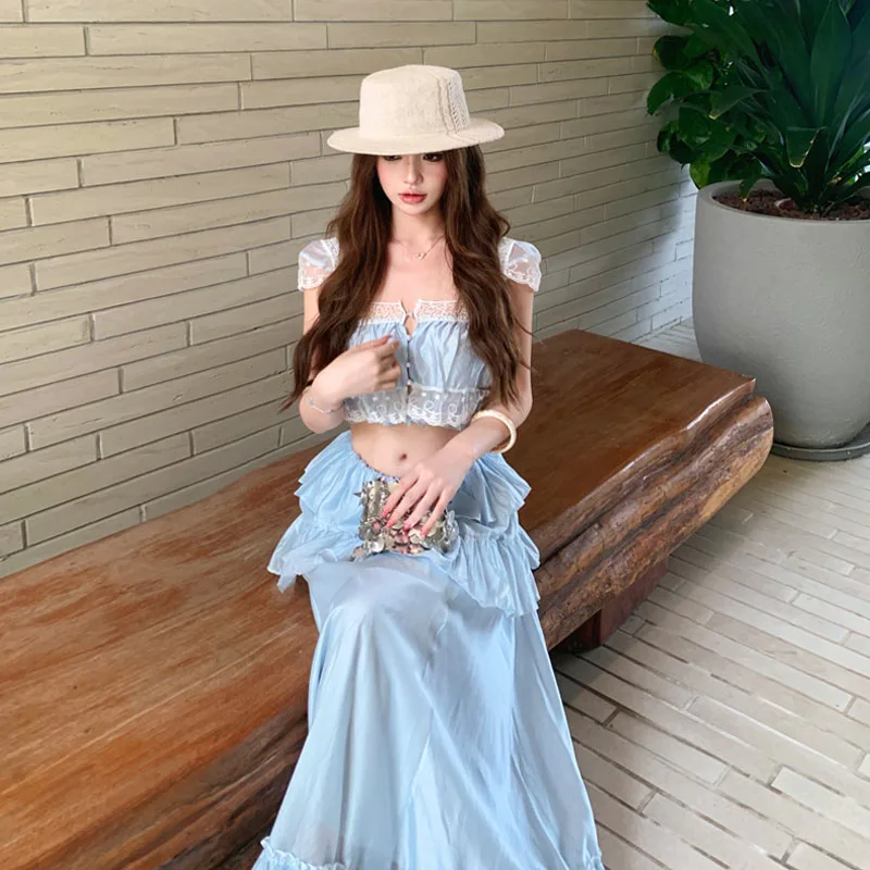 

Beach Vacation Soft Wind Blue Lace Top Half Skirt Two Piece Set Unique Beautiful Small Set Sleeveless Strapless High Waist Fl...