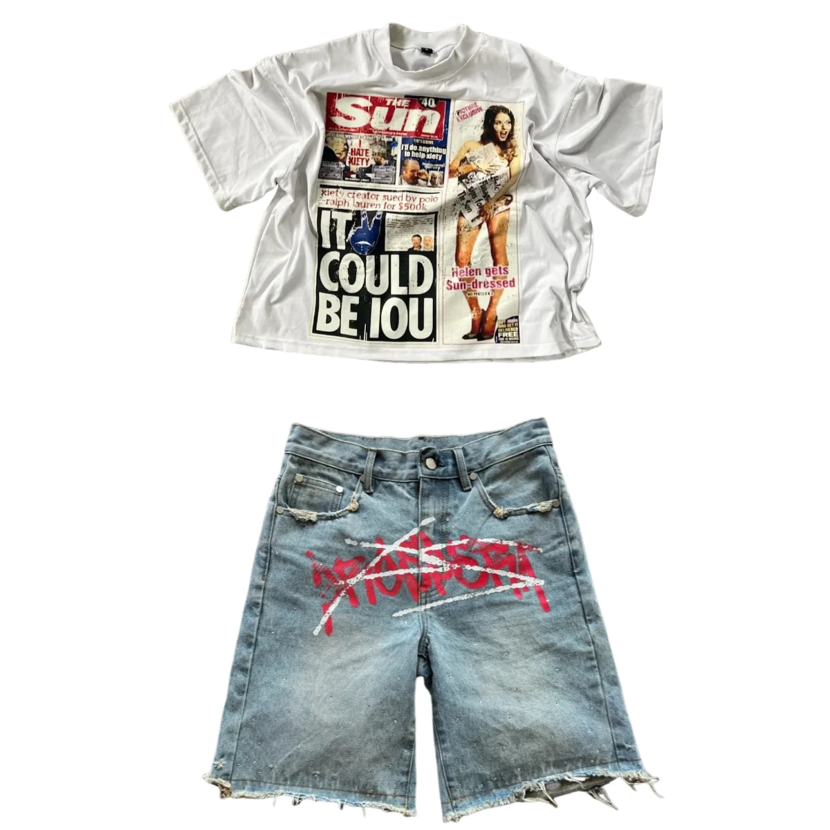 

American style 2 Pcs Shirts Co-ords Sume Rugby Newspaper printing Shirt Y2K Retro Classic Unisex Oversized Short Pant Shirt Sets