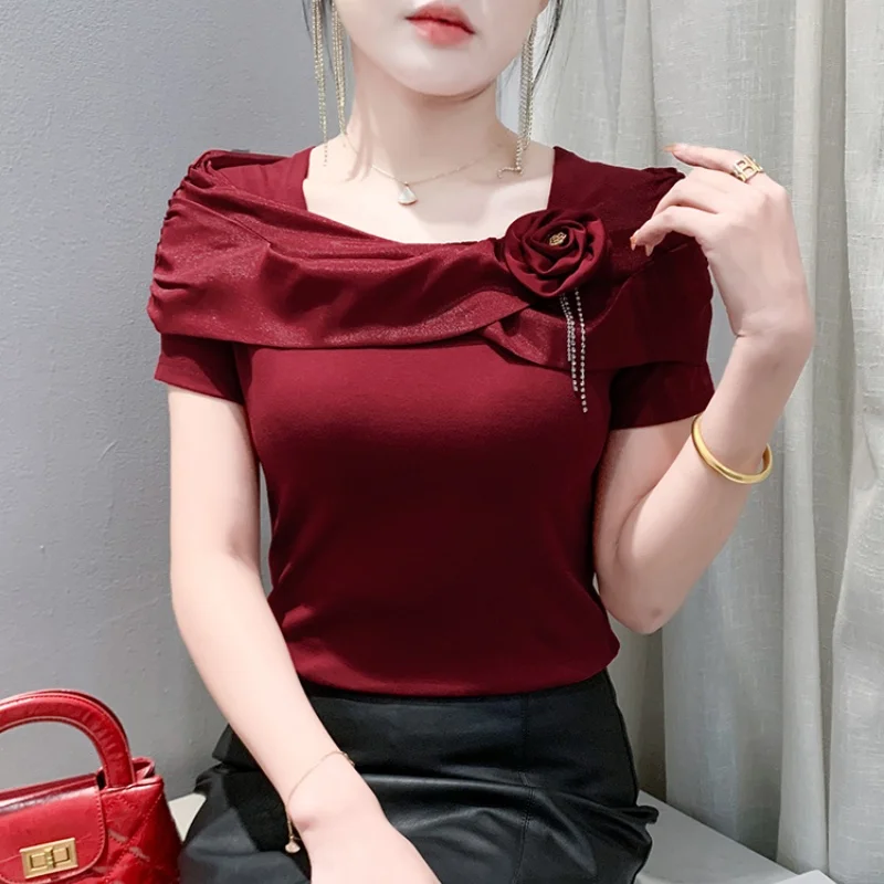 

High Quality Summer Short Sleeve T Shirt Women Square Neck Diamonds Sexy Stretch Tshirt Female 3D Flower Cotton Tees