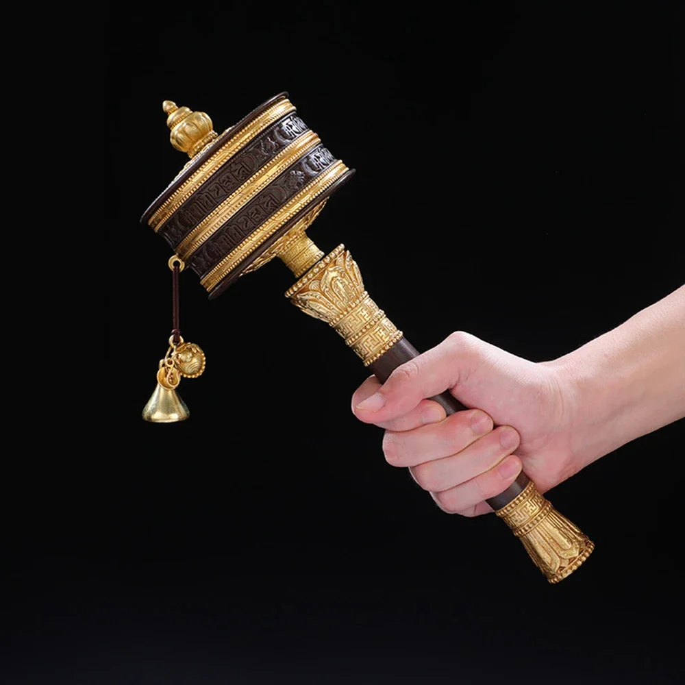 Hand cranked prayer wheel, Brass Six-Character Mantra ornament, Avalokiteshvara, Green Tara Heart Mantra Rotating Scripture Tube