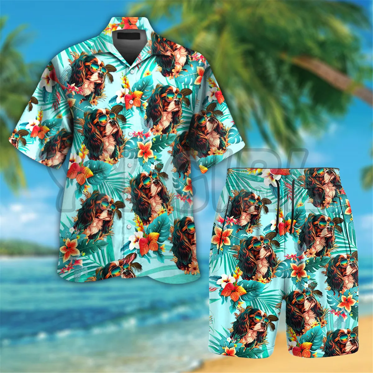 Chemise hawaïenne imprimée en 3D pour hommes, chemise hawaïenne colorée, short de plage, bouledogue portant des lunettes de soleil, cadeau d\'amour