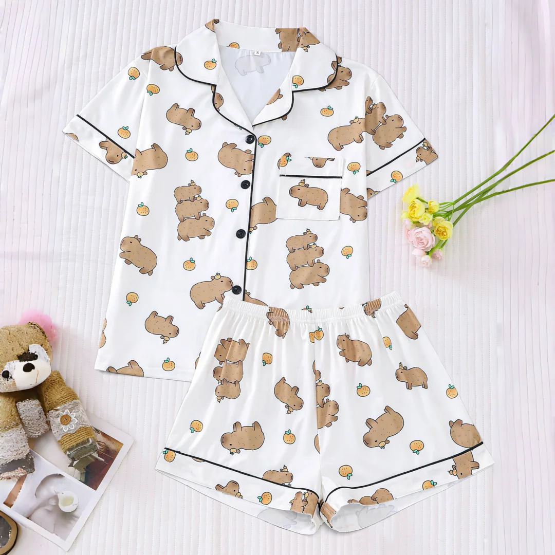 

White Women‘s Pajamas with Capybara Print Lapel Short Sleeves and Shorts Home Wear Set Loungewear Clothes Christmas Gifts
