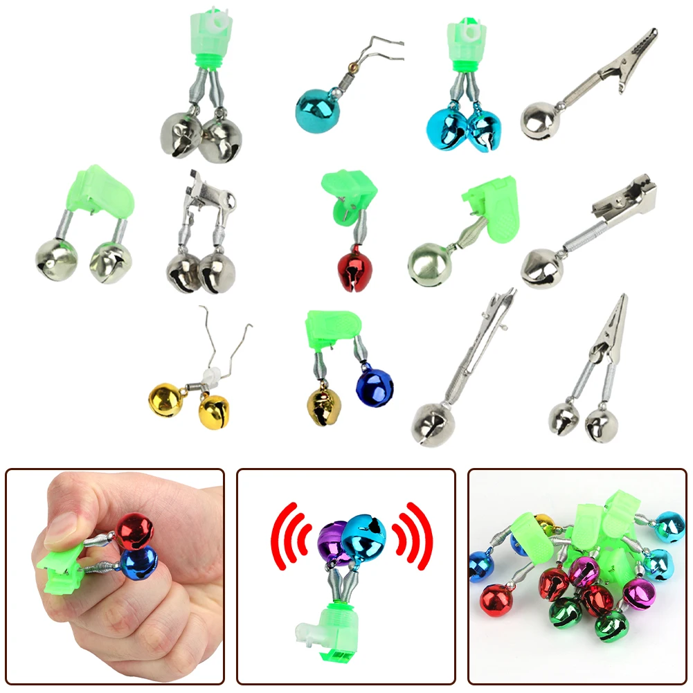 Newest 10PCS Rod Tip Clamp Fishing Pole Fish Bite Lure Alarm-Alert Twin Bell Ring Clip Fishing Bell Colorful Fishing Accessories