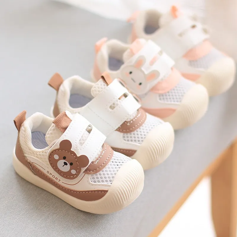 Children Sneakers For Spring.Summer Baby Air Permeable Mesh Cute Cartoon Walking Shoes Boys Girls Bunny bear Sticker Casual Shoe