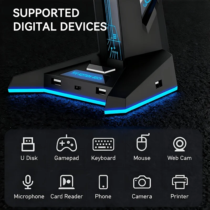 2 IN 1 USB Hub RGB Gaming Headphone Stand,  3 USB-A and 1 Type-C Port, Multi-Color Light Anti-Slip Base for PC Gamer Desk Decor view 6