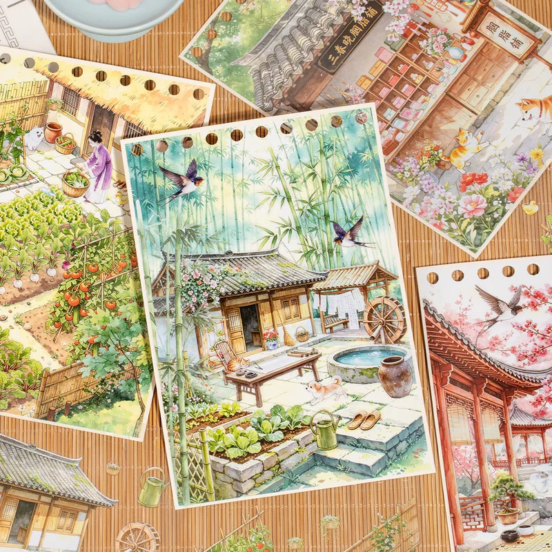 36Pcs Vintage Chinese Courtyard PET Scene‑Building Sticker Book, Retro Hanfu Character Stickers for Scrapbooking Craft