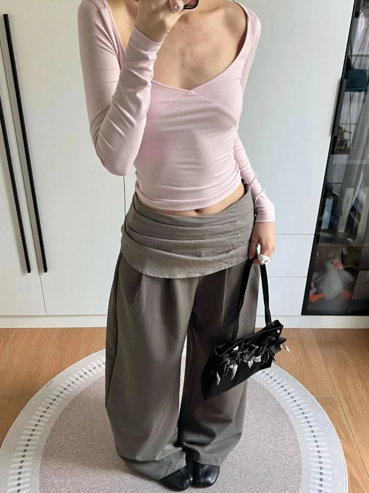 Retro American Folded Casual Pants Women's Autumn New Style Street Color Block Wide Leg Pants Asymmetrical Design