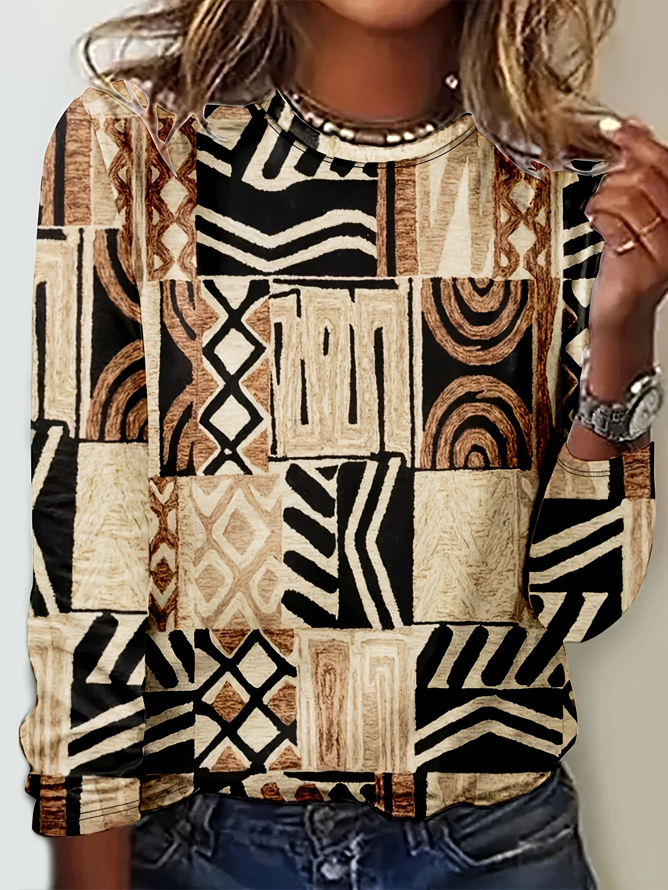 Women Bohemian Geometric Patchwork Print Long Sleeve Top Crew Neck Casual Loose Blouse Shirts view 2