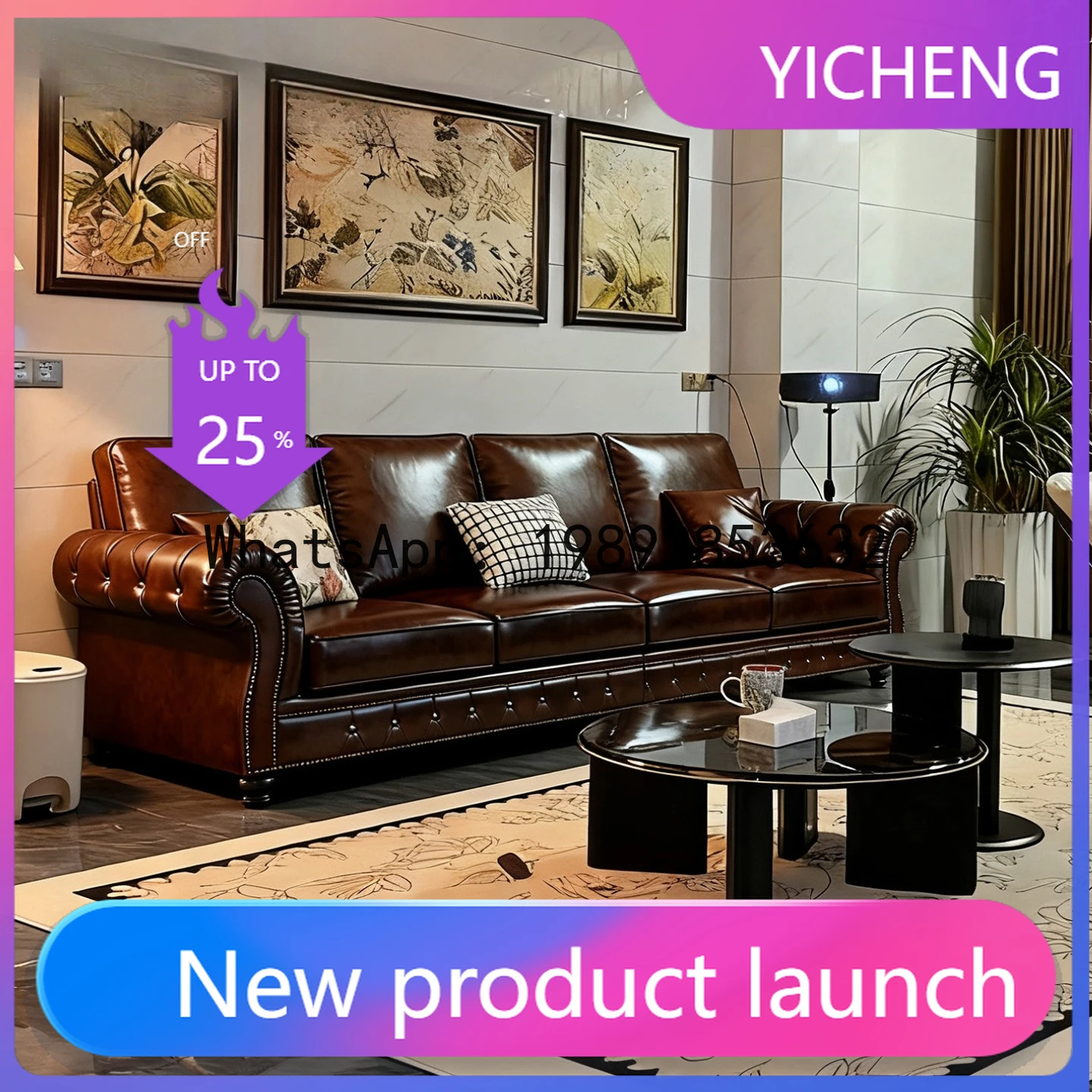 

Hys genuine leather sofa, living room 3-4 seater sectional, vintage oil wax leather brown straight sofa