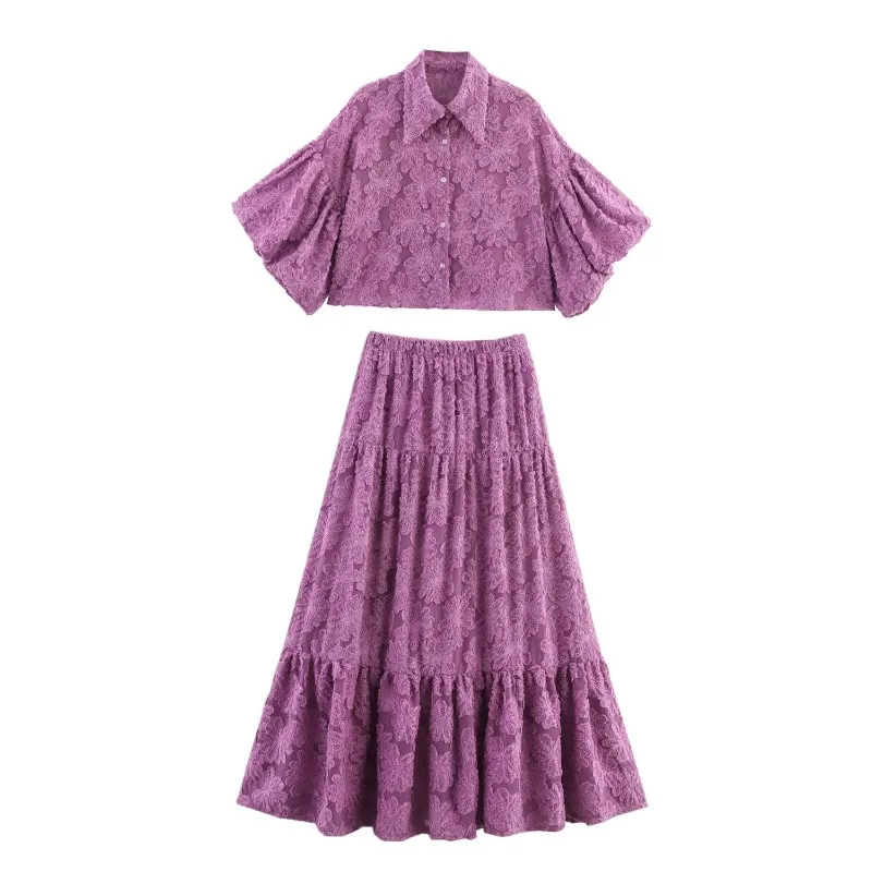 

Summer Dobby Floral Blouse & Midi Skirt Two-Piece Set - Sexy Crop Top 3D Flowers Skirt
