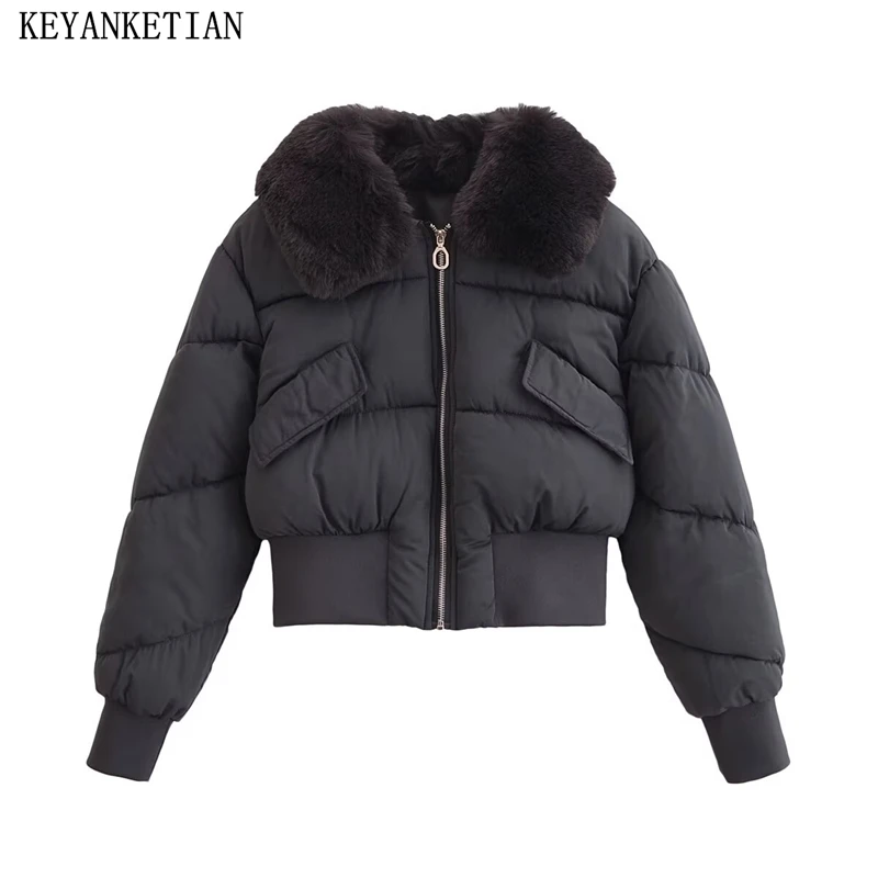 KEYANKETIAN 2024 Winter New Women's Removable Fur Collar Black Padded Jacket Street style ZipperLoose Cropped Coat Greatcoat