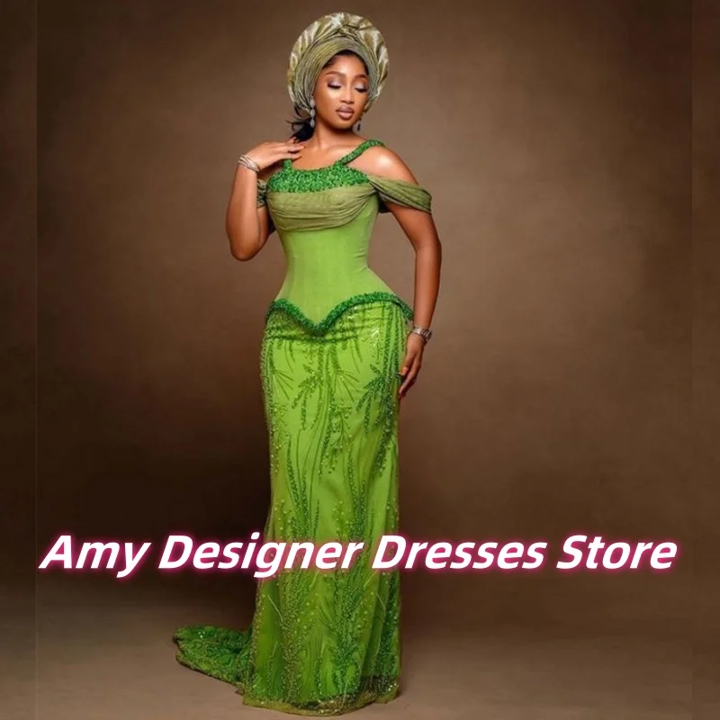 

African Green Off The Shoulder Mermaid Evening Dresses Luxury Beaded Sequin Prom Dress Aso Ebi Wedding Party Gowns Customized