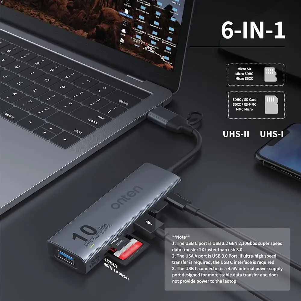 HUB USB C 10Gbps USB 3.2 GEN 2 Type C pour Windows MacOS Linux avec lecteur de carte SD/TF 4.0 UHS-II USB 3.2 adaptateur de port HUB