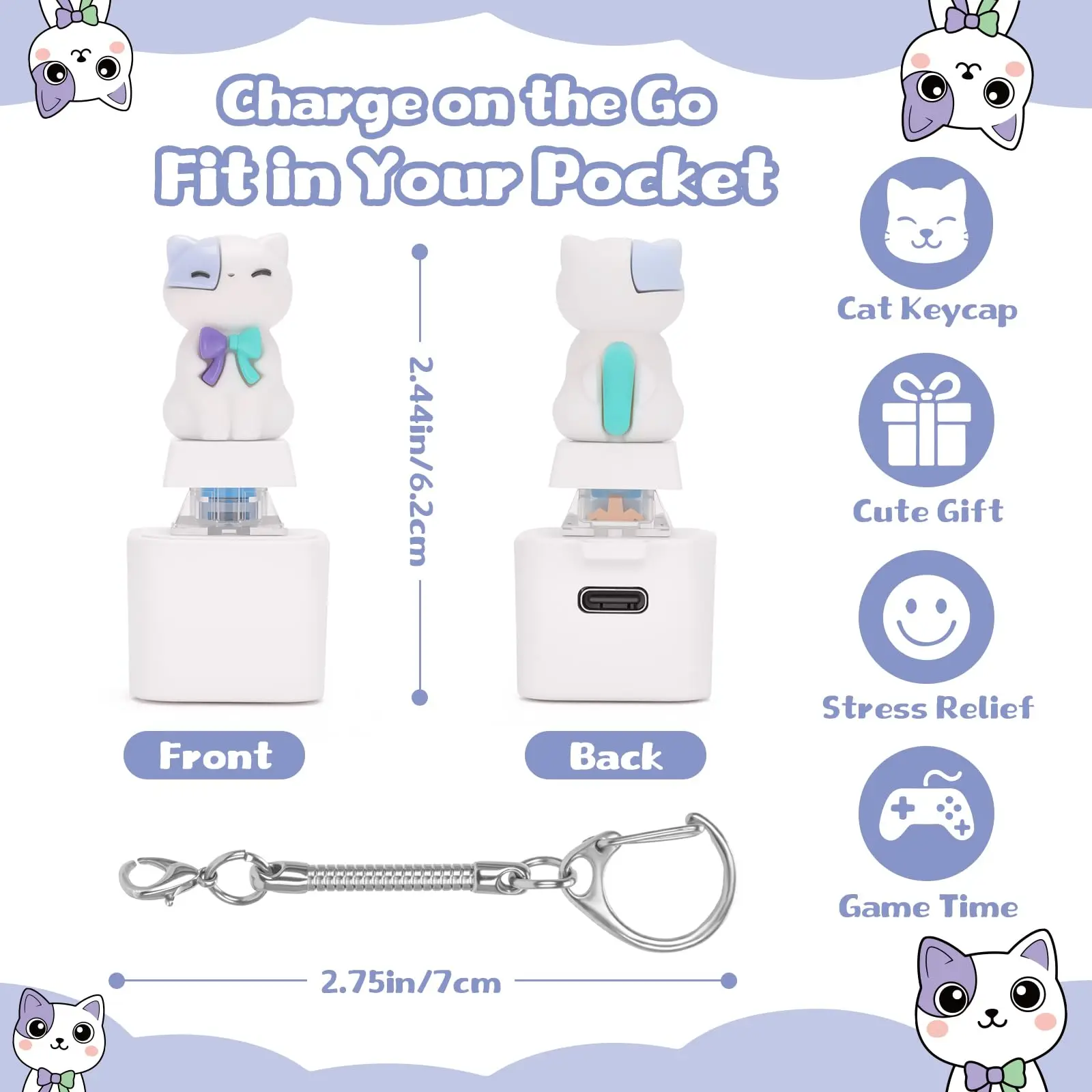 Cat Meowing Keyboard Fidget Toys Stress Relief with Sound LED Light Clicker Keychain Charging Port for Autism Stress Relief
