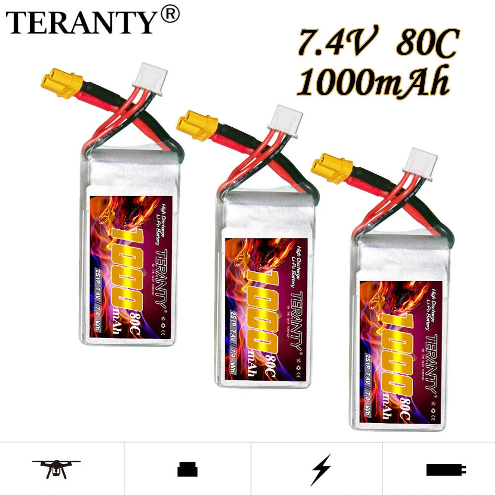 Teranty 7.4v 2s 1000mah 80c/160c lipo bateria para helicóptero rc quadcopter fpv peças de drone de corrida com bateria xt30 7.4v