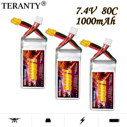 TERANTY RC 헬리콥터 쿼드콥터용 Lipo 배터리, FPV 레이싱 드론 부품, XT30 7.4V 배터리 포함, 7.4V, 2S, 1000mAh, 80C, 160C