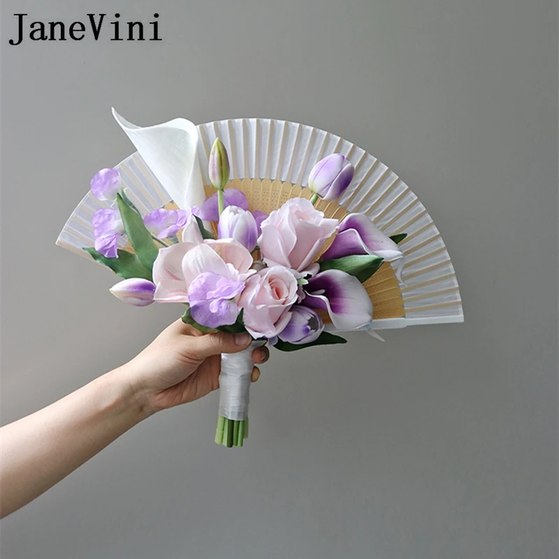 JaneVini 2024 Artificial Purple Tulip Wedding Flower Bridal Fan Chinese Style Bride Flowers Pink Women Dance Fan Wedding Bouquet