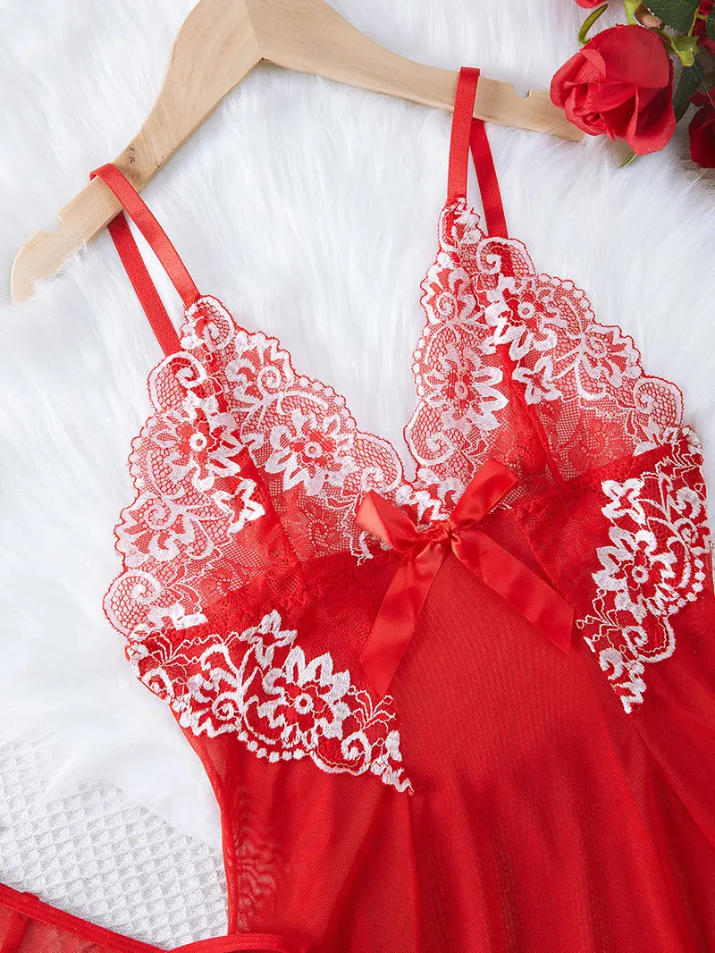 Plus Size Lace Tulle Nightgown Transparent Homewear Red Sexy Clothing Night Dress V-Neck Delicate Bra Erotic Set With Thong