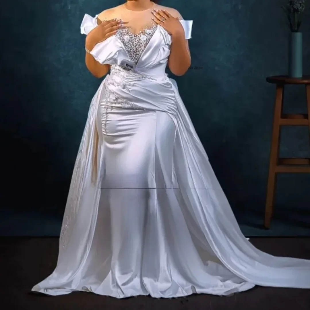 Vintage Beaded Pearls Satin Bridal Gowns Detachable Train Plus Size Sheer Neck Mermaid Wedding Dresses Customized