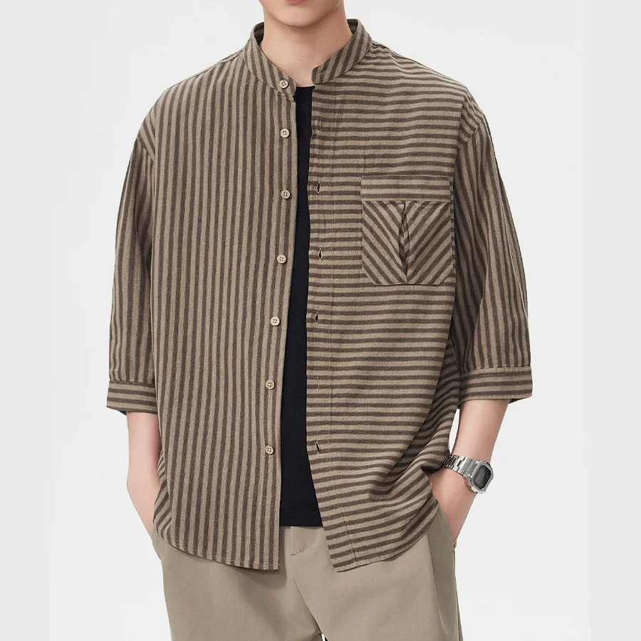 

Мужская деловая рубашка для повседневной носки, свободного кроя, с коротким рукавом, винтажная, с воротником-стойкой, весенне-летняя, легкая, в полоску