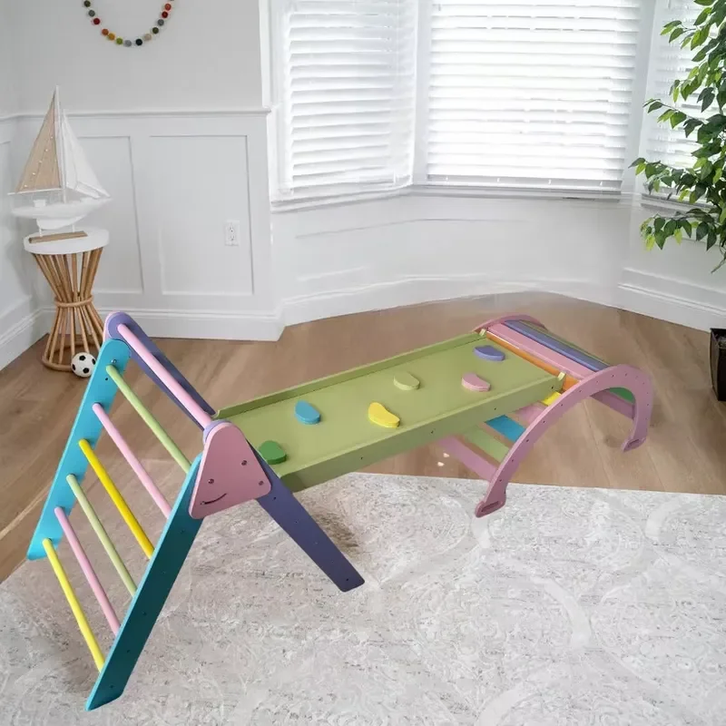 3 in 1 Wooden Climbing Frame Indoor Collapsible Triangle Ladder Fitness Toy for Kids Home Gym Exercise Equipment Play