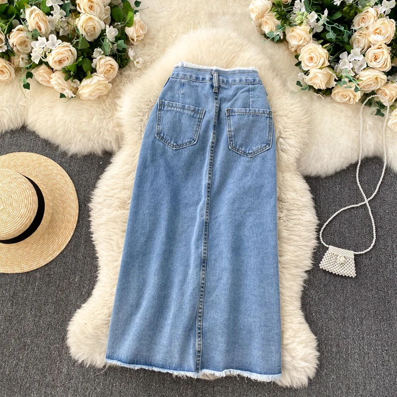 y2k Korean Style Retro Ruffled High Waisted Slim Single Breasted Slim Fitting Mid Length Trendy Versatile Denim Skirt