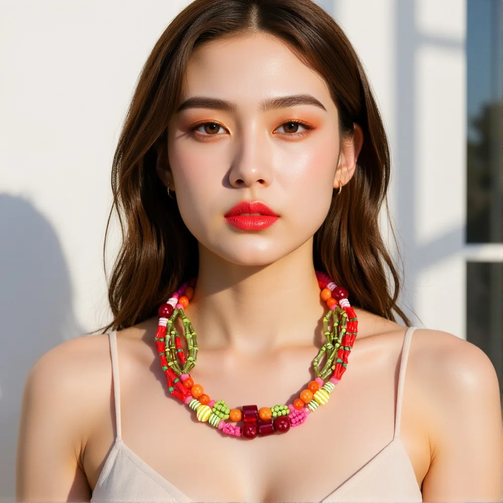 Bohemian multi-layer colored beaded stacked necklace turned over, su pumine multi-layer suit necklace jewelry women