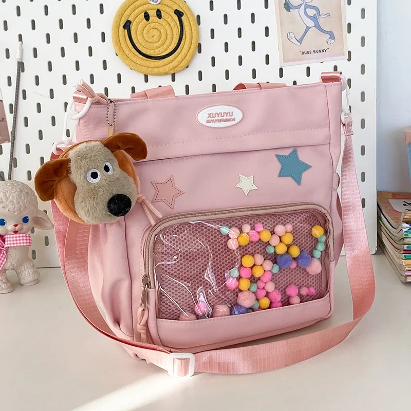 Cute Accessory Puppy Pendant Shoulder Bag, Five-Pointed Star Tote Bag, Color Ball Decorate Handbag & Purse, Fashion School Cross