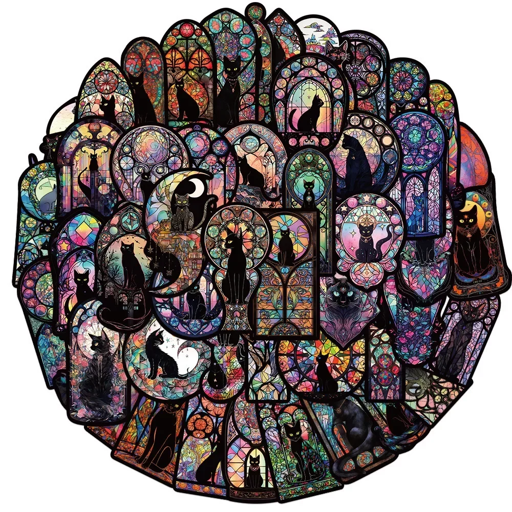 สติกเกอร์แมวดำสไตล์โกธิค 50 ชิ้น ลายพระจันทร์ สำหรับตกแต่งฮาโลวีน ไพ่ทาโรต์ ของเล่น สมุดภาพ ขวด โทรศัพท์ กระเป๋าเดินทาง รถยนต์