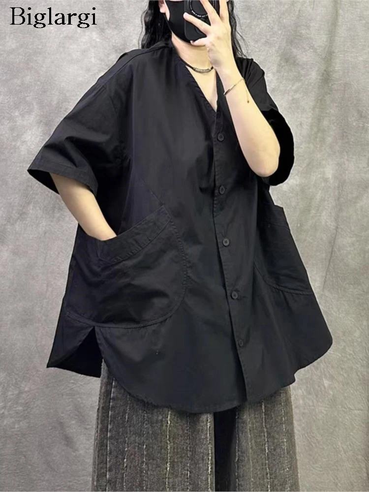 

Oversized Summer Shirts Women Casual Loose Fashion Irregular Split Ladies Blouses V-Neck Woman Shirt
