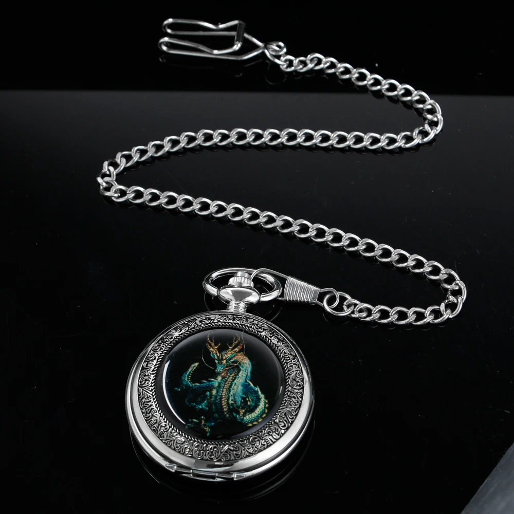 Silver Blue Dragon Pattern Stainless Steel Pocket Watch Mechanical Men's Steampunk Retro Style Carving Fob Pendant Clock Lady