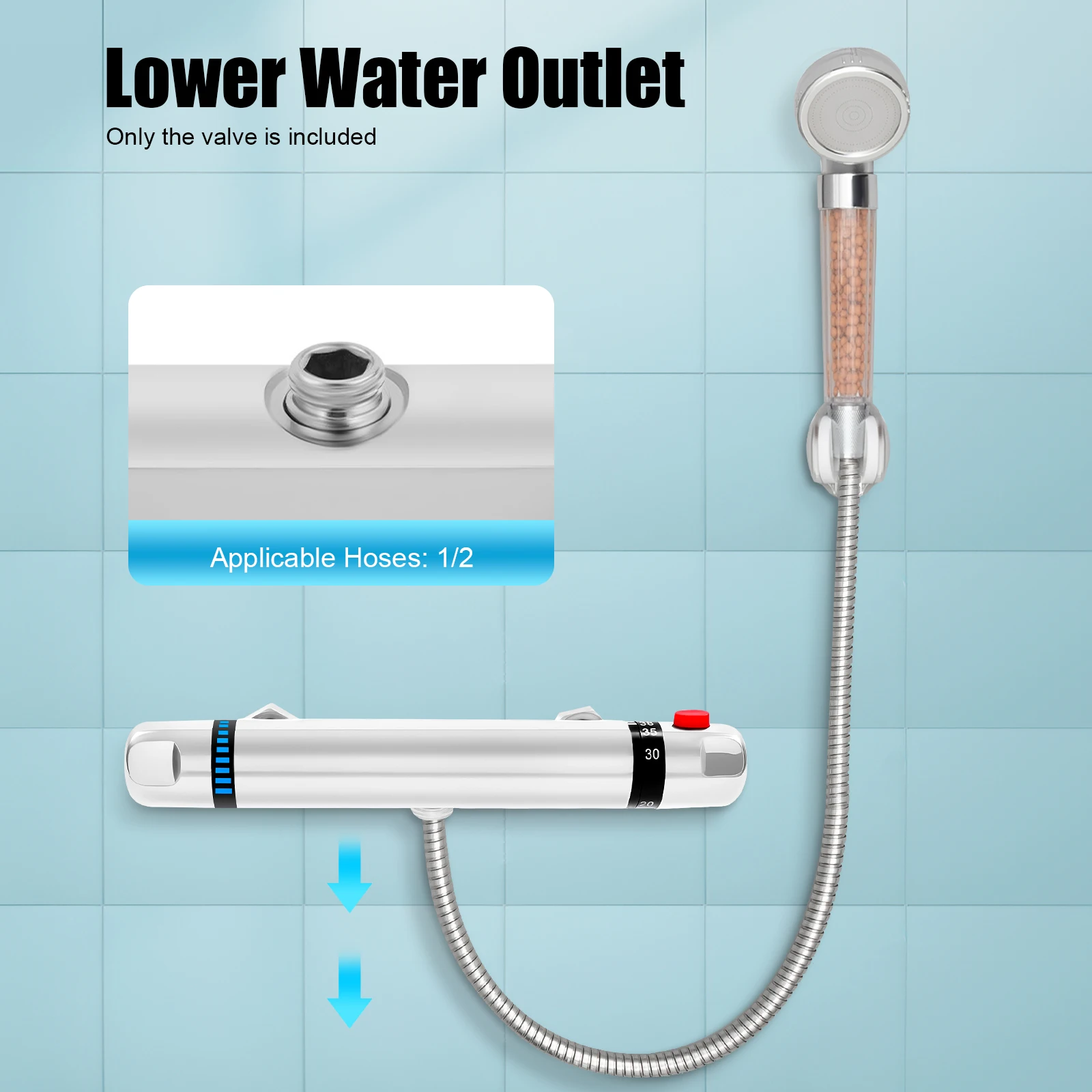 Thermostatisches Duschmischventil in Silberausführung mit Abwärts-Wasserauslass, Präzise Temperatur- und Durchflussregelung für Ferienhaus und Apartment – Detail 6