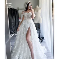 Amanda Mesh Off the Shoulder Appliques Side High Split robes de soirée Evening Floor-Length Dresses Wedding Party Wedding Dress